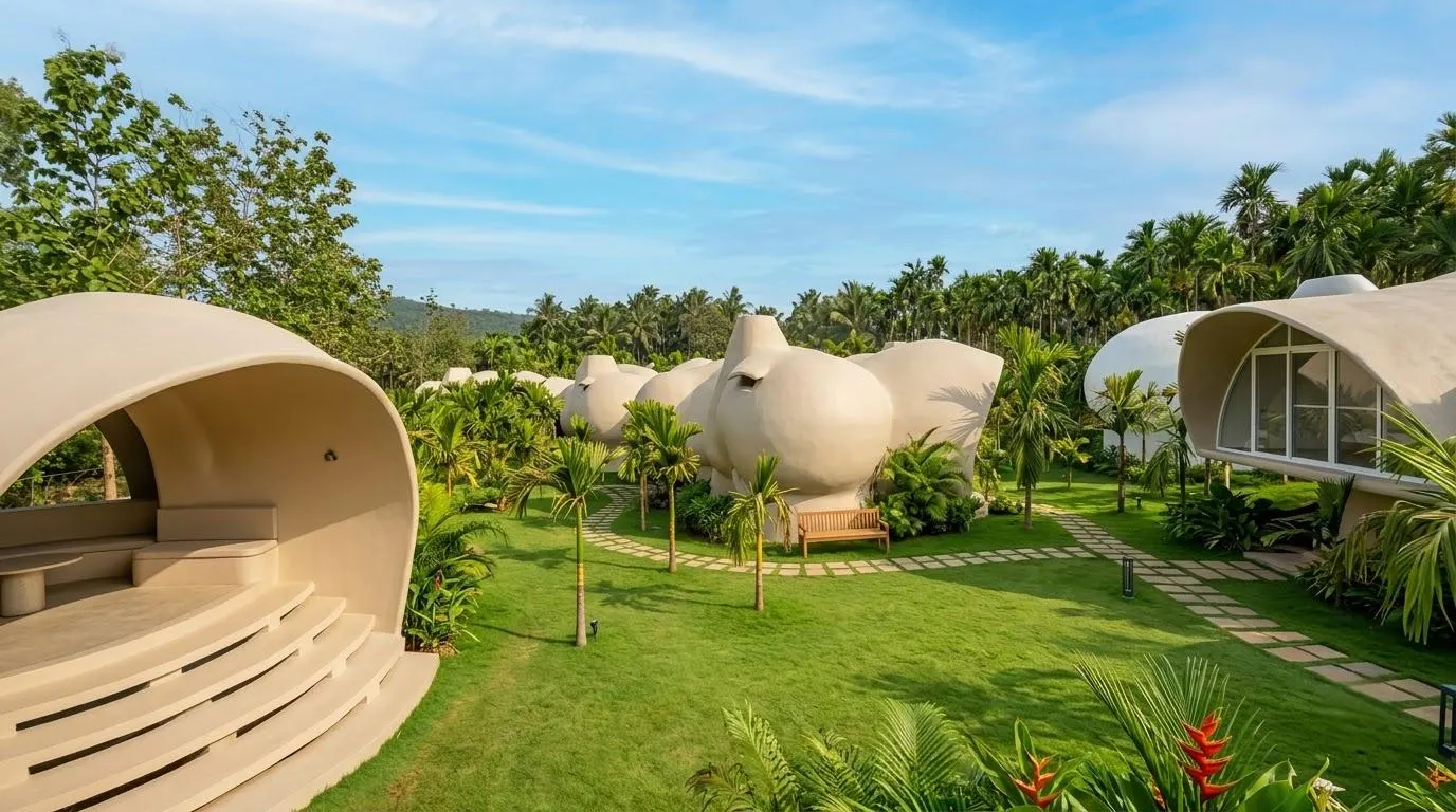 AKAYA Resort by PBJ Infra at Gokarna — a cluster of curved ferrocement dome cottages set in landscaped gardens and a coconut grove