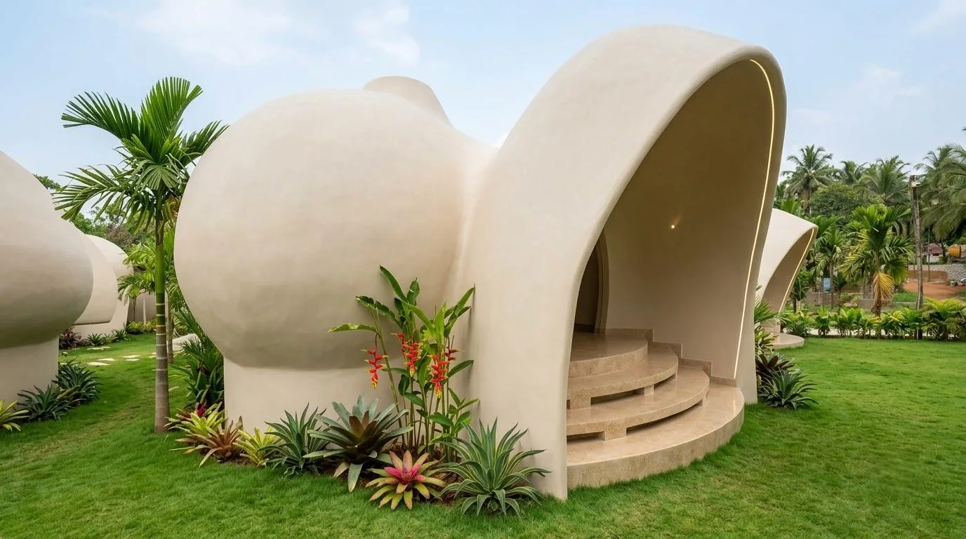 A dome cottage with a tall curved portal opening and a rounded stone stair, framed by tropical planting