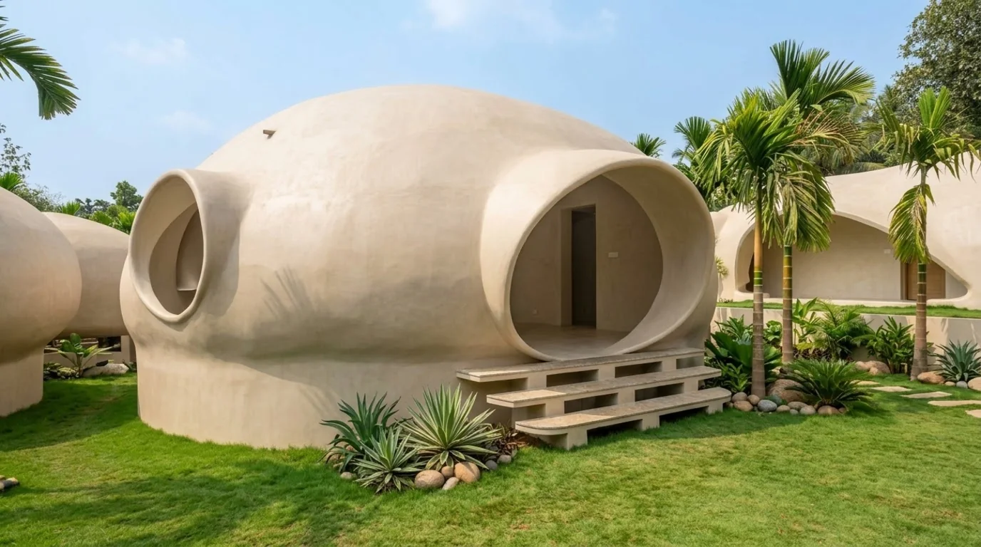 A single dome cottage with two circular tube openings — a round window and a tunnel doorway with steps