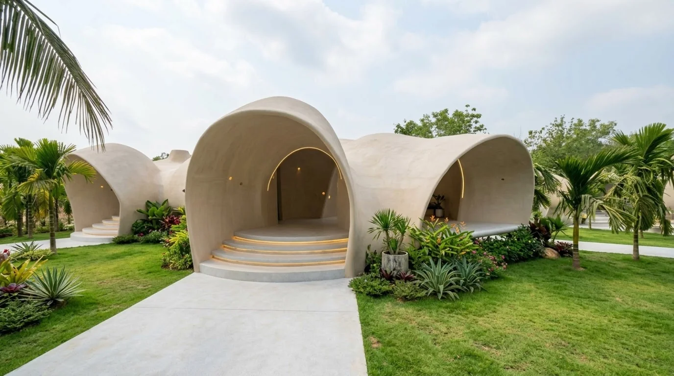 Finished ferrocement dome cottages along a garden path at AKAYA Resort, Gokarna, built by PBJ Infra