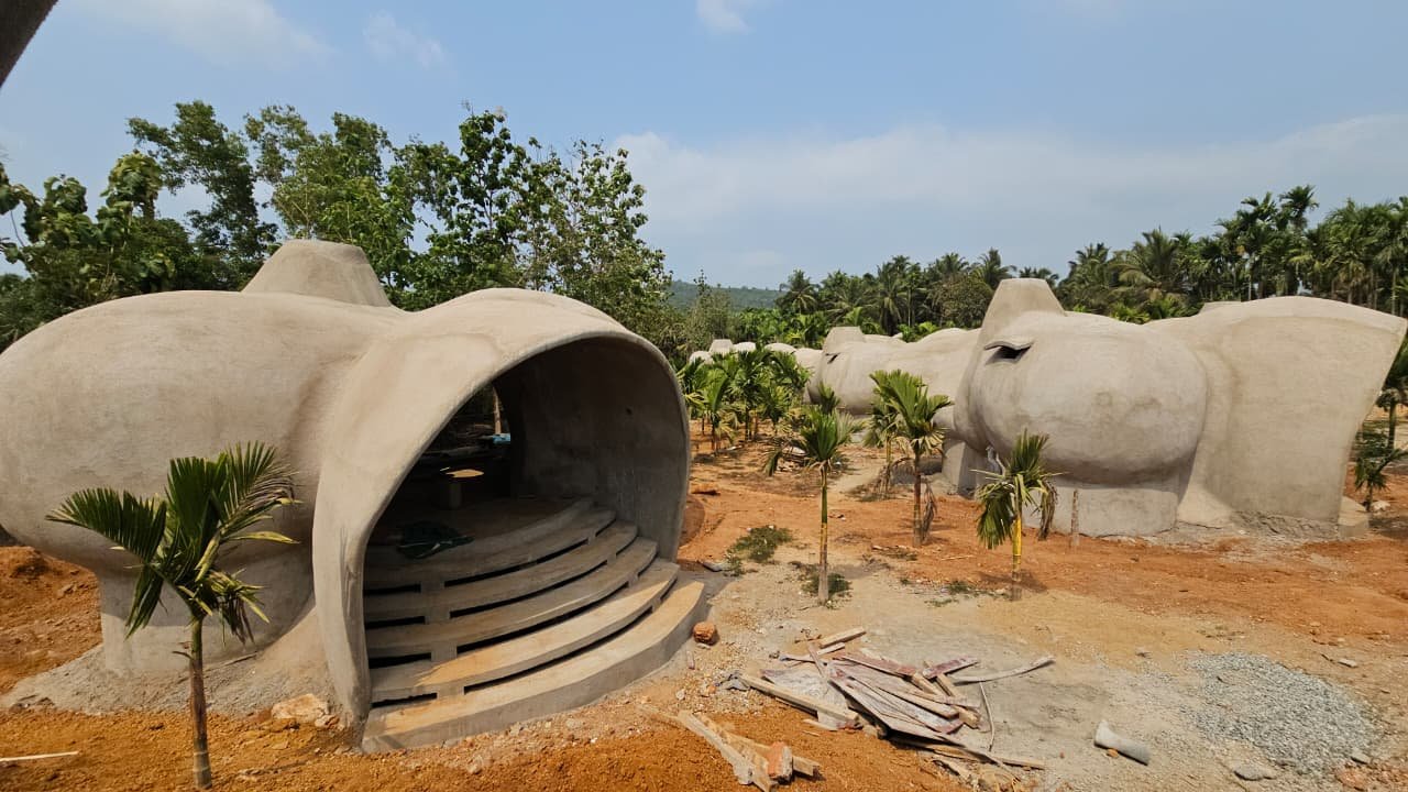A cluster of monolithic ferrocement dome cottages among the coconut palms at AKAYA Resort, Gokarna