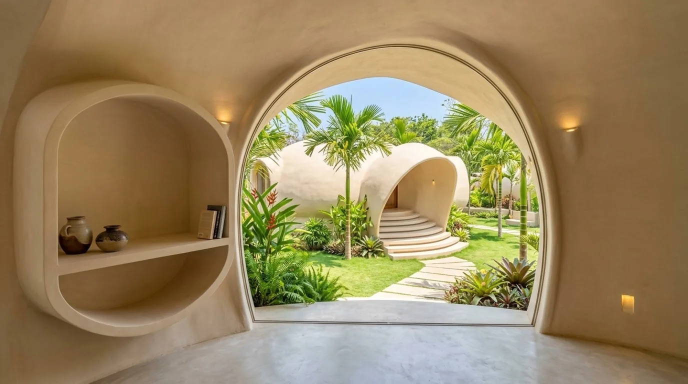 Inside a dome cottage — a smooth curved interior with a built-in niche, looking out through an arched opening to the dome cluster