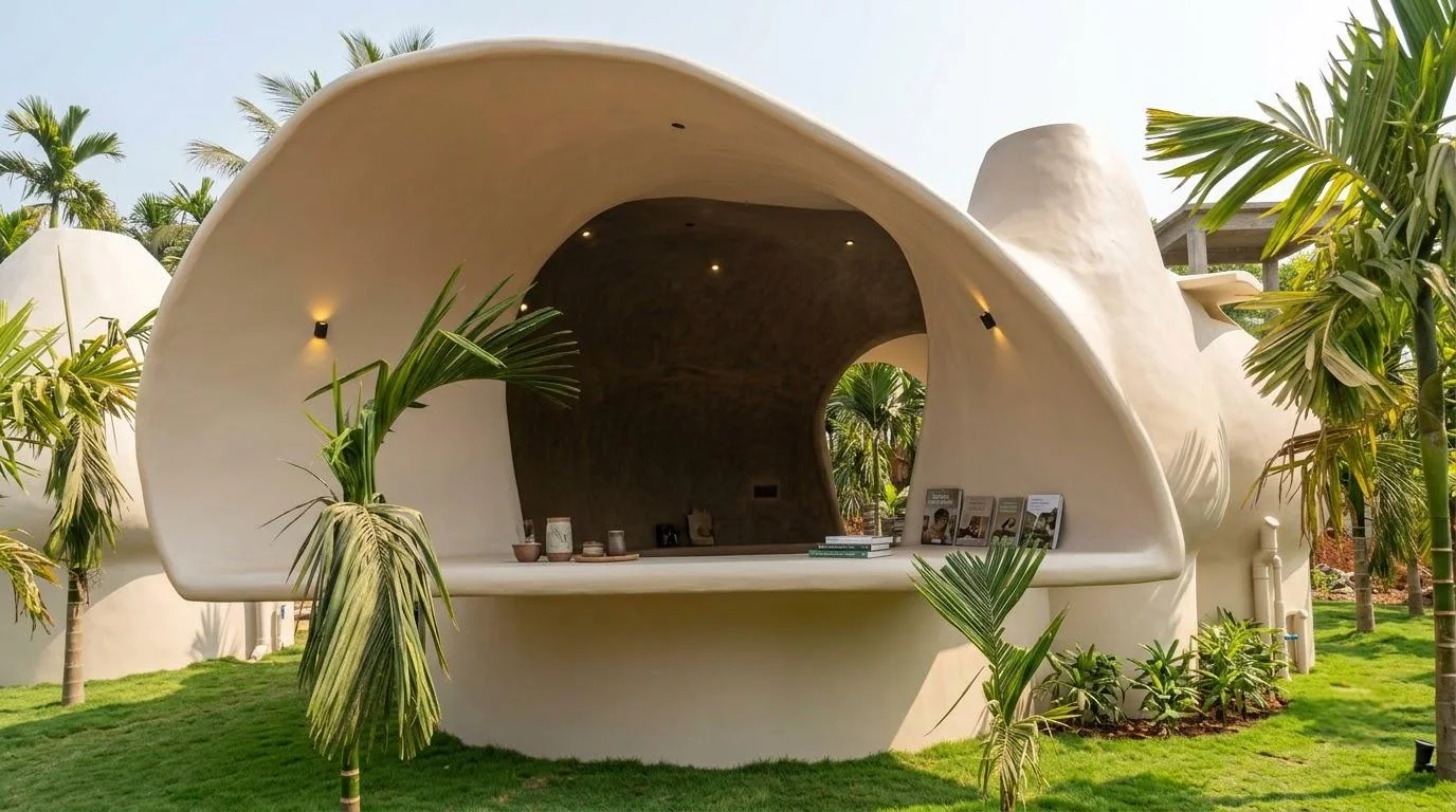 The open-fronted lounge dome at AKAYA Resort, with a curved cast counter, recessed lighting and a reading shelf
