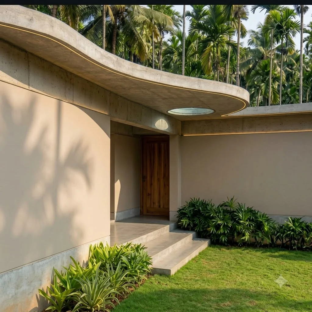 Cob house with a curved plastered wall, rounded roof edge and timber entrance door