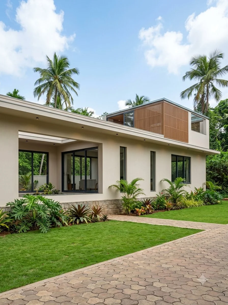 Single-storey farmhouse design with a stone plinth, timber-slatted upper room, lawn and paved approach among coconut palms