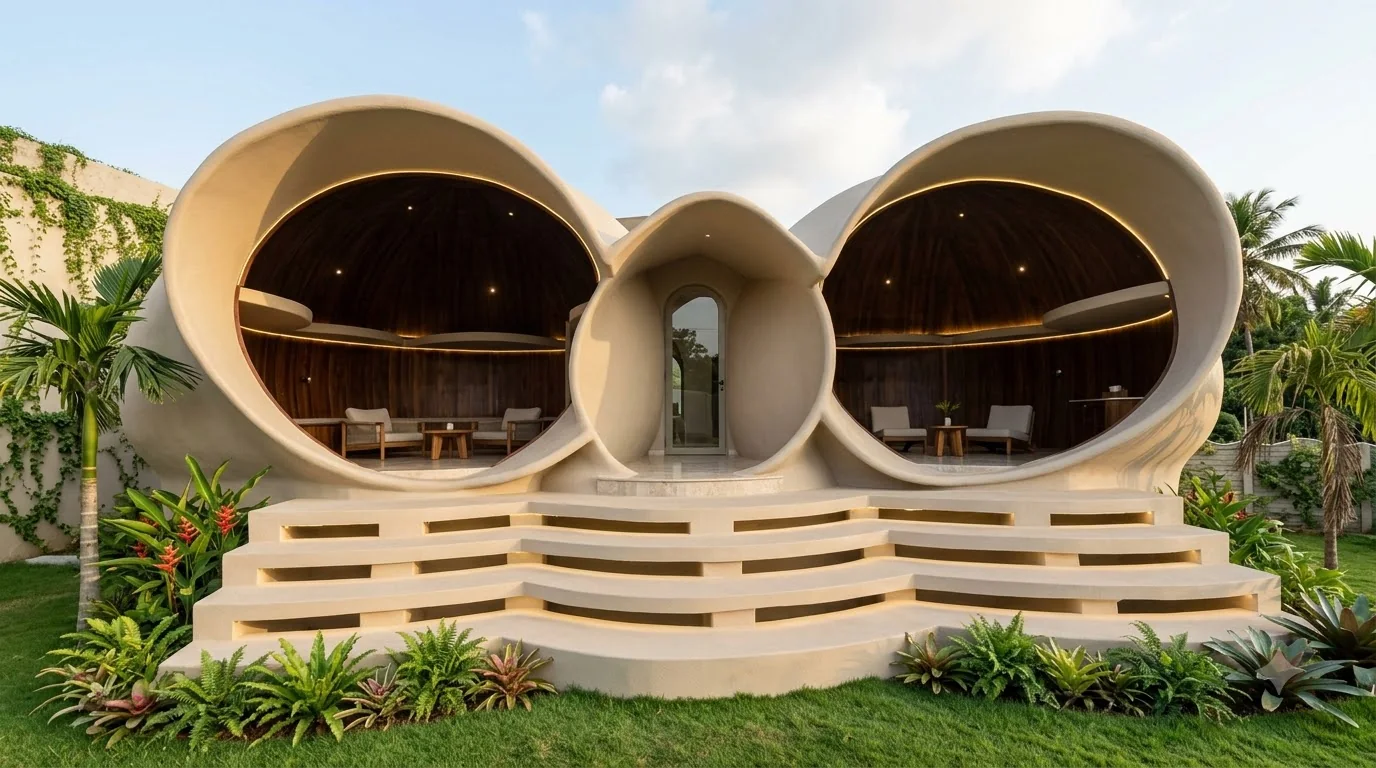 Ferrocement dome structure built by PBJ Infra, curved shell with large circular openings at dusk