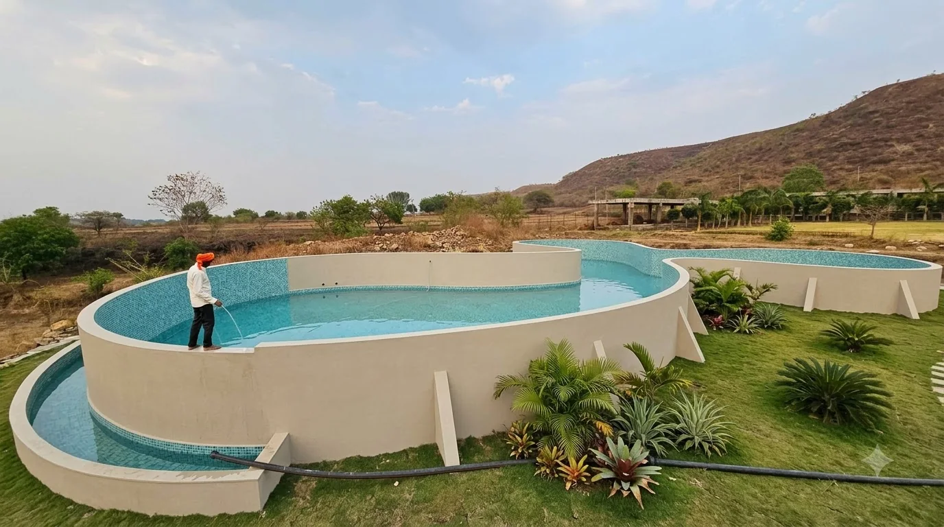 Blue-tiled lagoon pool filled and running on a filtration system built by PBJ Infra