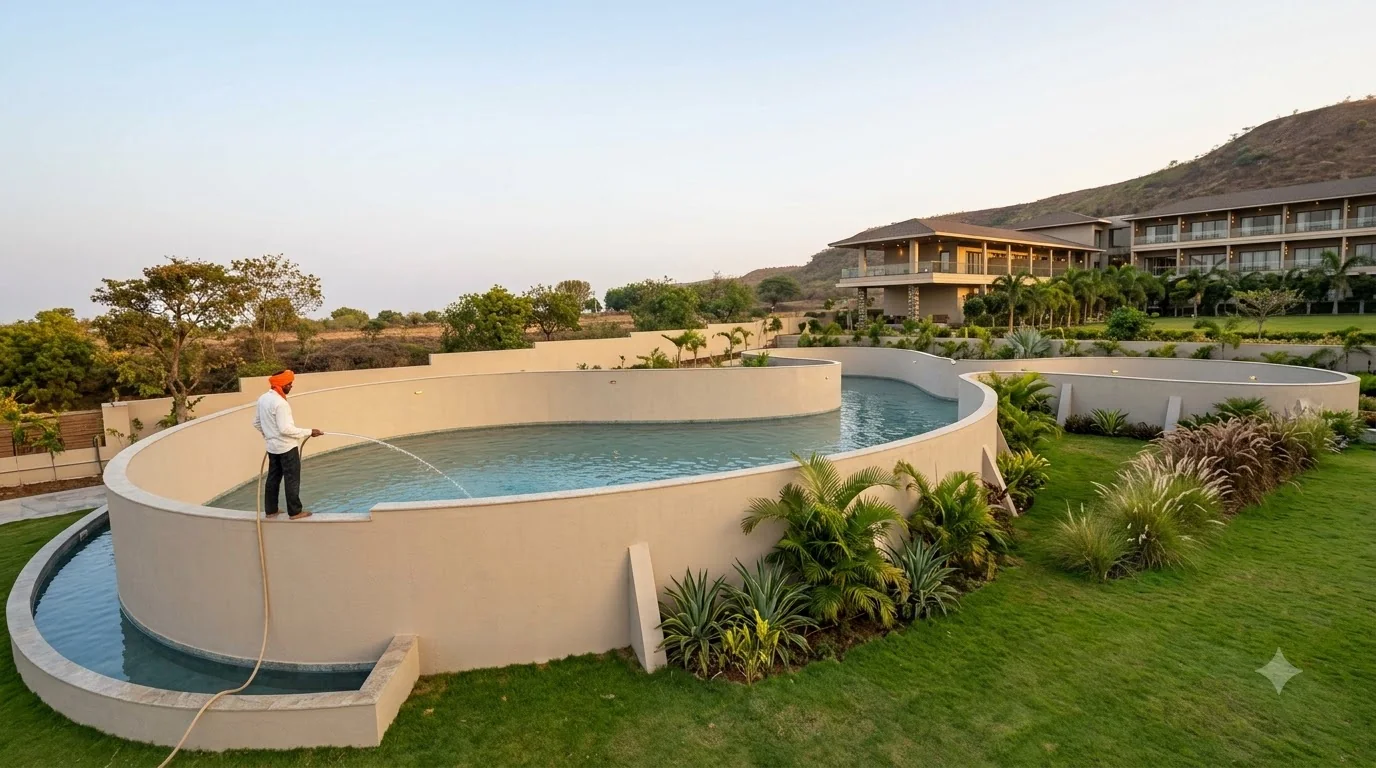 Luxury curved infinity-edge swimming pool with a resort building beyond, built by PBJ Infra