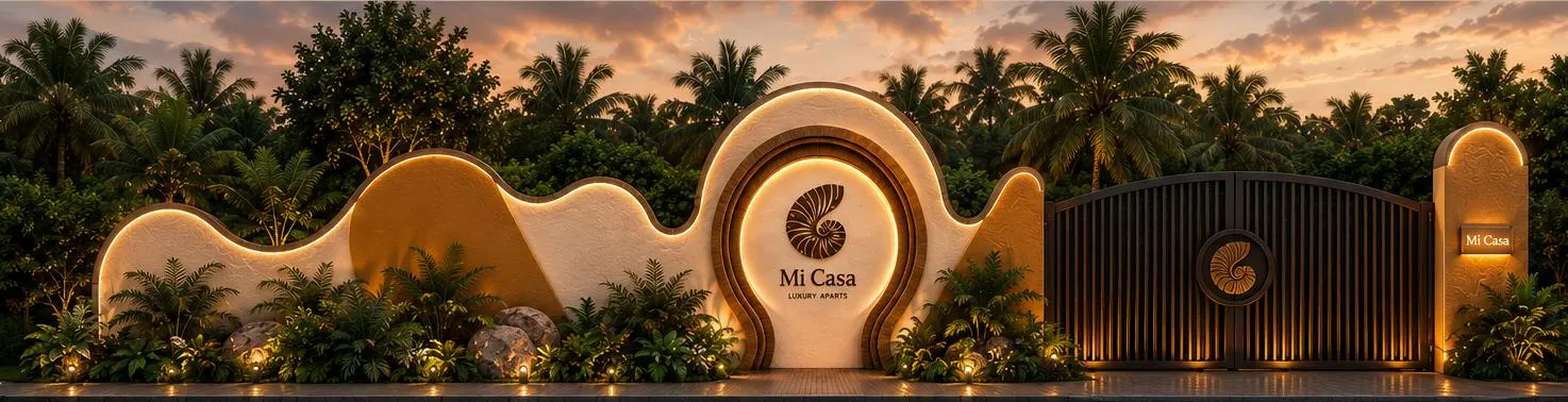 Visualisation of the Mi Casa entrance gateway — a wavy free-form wall with an illuminated nautilus emblem and dark slatted gates, built by PBJ Infra